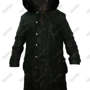 Black Leather Coat With Hoodie for mens Faux Fur