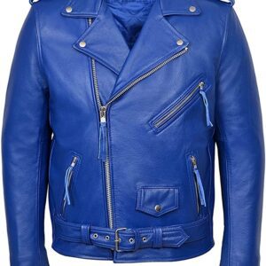 Blue Leather jacket for motorcyclist