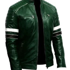 Dark Green Vintage Leather jacket with White Stripe