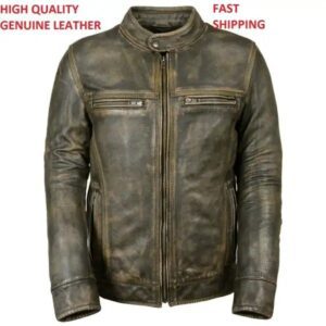 Distressed Waxed Mens Vintage Biker Retro Motorcycle Cafe Racer Leather Jacket
