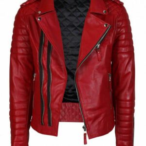 Double Breasted Mens Red Leather Biker Jacket