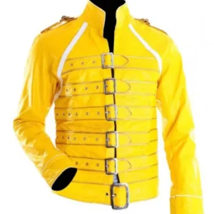 Freddie Mercury Wembley Concert Military Strap Queen Yellow Leather Biker Jacket