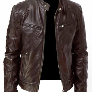 MENS VINTAGE CAFE RACER BROWN SLIM FIT BIKER JACKET