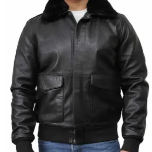 Mens Black Bomber Leather Jacket With Fur Collar