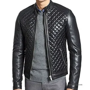 Men's Black Slim fit Biker Vintage Motorcycle Quilted Genuine Leather Jacket