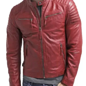 Men's Red Biker Fashion Quilted Motorcycle Cafe Racer Genuine Leather Jacket