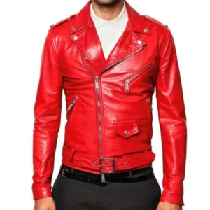 Motorcycle Belted Asymmetrical Red Leather Jacket