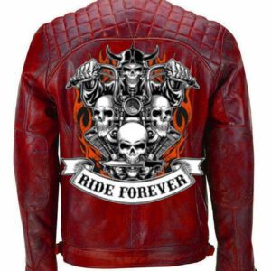 Mens Red Ride Forever Cafe Racer Vintage Style Motorcycle Biker Leather Jacket