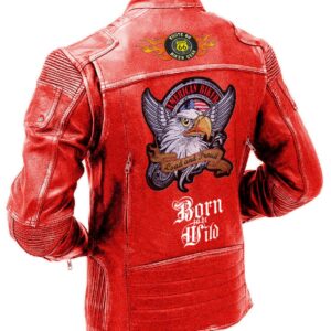 Mens Red Vintage Born Wild Motorcycle Distressed Leather Jacket