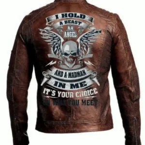 Mens Vintage Biker Motorcycle Brown BEAST OR ANGLE Leather Jacket