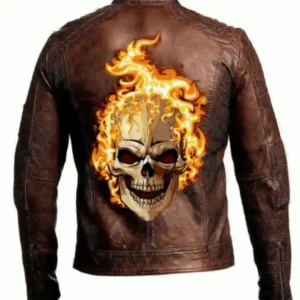 Mens Vintage Biker Motorcycle Brown Cafe Racer Fire Skull Leather Jacket