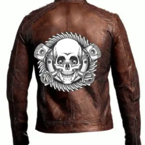 Mens Vintage Skull Motorcycle Brown Cafe Racer Leather Jacket