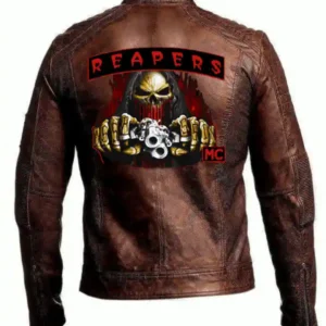 Mens Vintage Biker Motorcycle Distressed Brown Cafe Racer Reapers Crew Leather Jacket