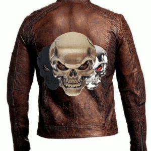 Mens Vintage Biker Motorcycle Distressed Brown Cafe Racer triple skull Leather Jacket