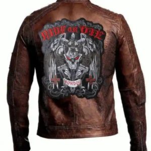 Mens Vintage Biker Motorcycle Distressed Brown Cafe Racer Ride or Die Leather Jacket