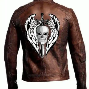 Mens Vintage Motorcycle Distressed Brown Cafe Racer Skull Leather Jacket