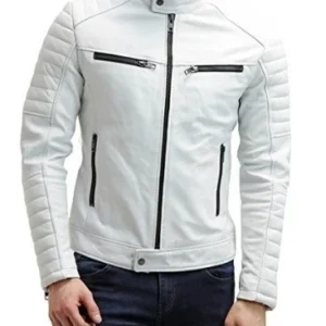 Mens White Motorcycle Cafe Racer Leather Jacket