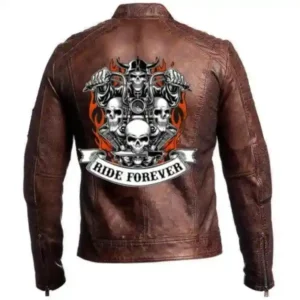 Mens skull Biker Vintage Motorcycle Cafe Racer Brown Distressed Leather Jacket