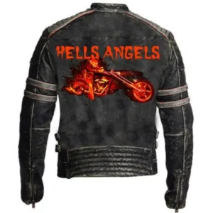 MENS VINTAGE HELLS ANGLES LEATHER JACKET BLACK BIKER
