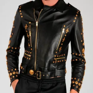 Black Punk Leather Biker Jacket For Men