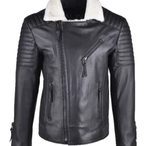 Mens Shearling Black Jacket With White Fur