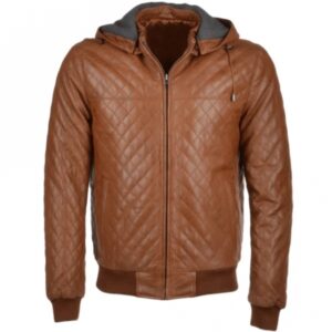 mens tan leather bomber quilted jacket with hood
